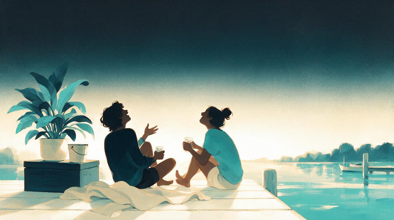 Two friends sitting together on a dock, laughing, drinks in hand